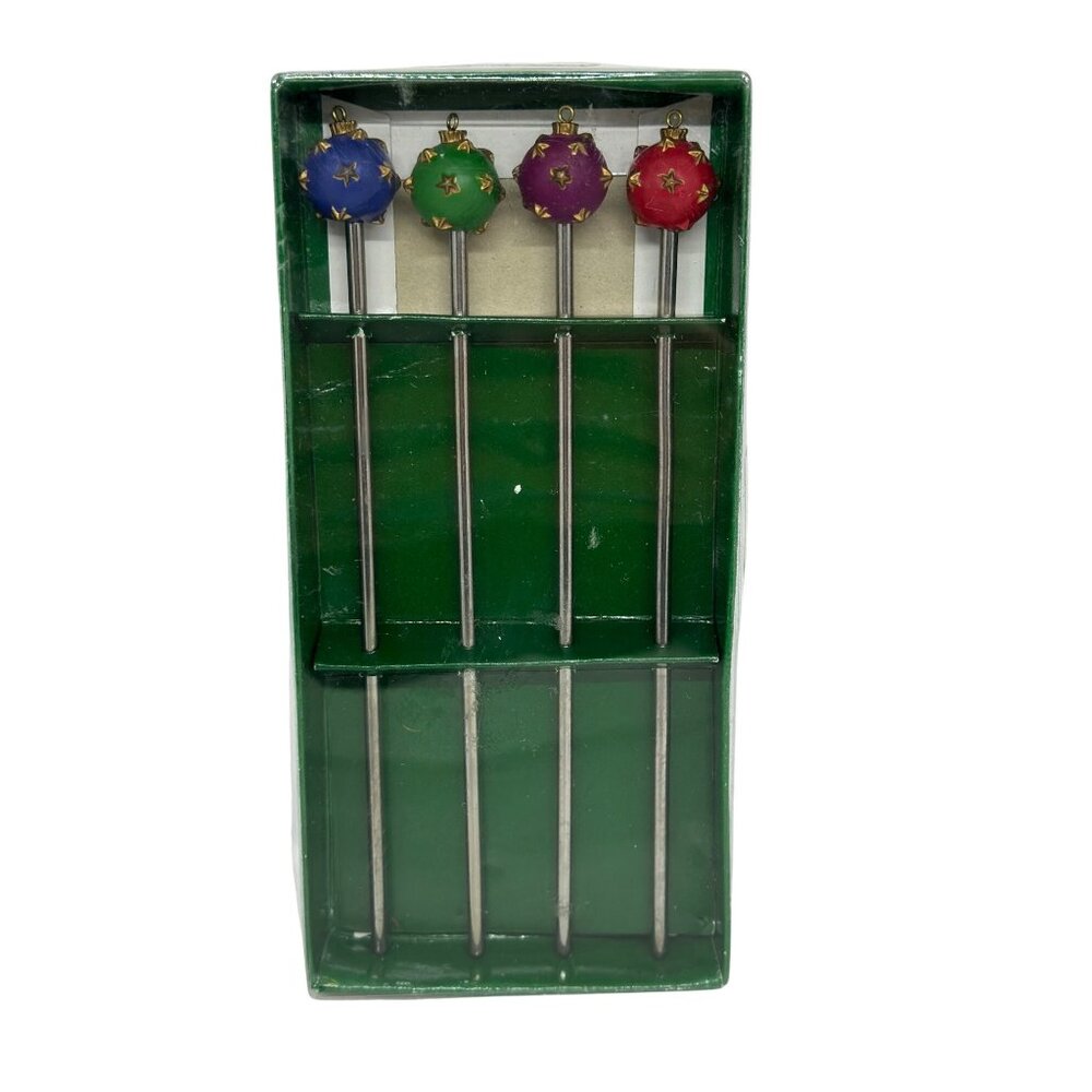 VTG Christmas Ornament Cocktail Swizzle Sticks Set of 4‎ Metal Barware Retro MCM
